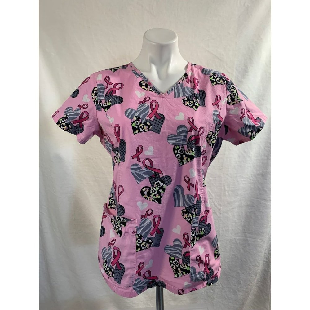 ScrubStar MEDIUM hearts breast cancer ribbon scrub top